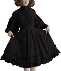 ALL DAY Shining ロリータ ワンピース フリル ドレス 長袖 バルーン袖 メイド服 コスプレ イベント パーティー レディース( ブラック,  XL)