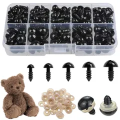 【新着商品】材料 パーツ 縫製 5サイズ（6mm/8mm/9mm/10mm/12mm）ワッシャー付き DIY 手作り 手芸パーツ おもちゃ 人形 動物 黒目 ブラック ぬいぐるみ 約100個入りドールアイ 目玉 丸型 人形の目 ぬいぐるみ目