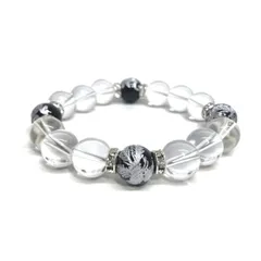 12mm 四神獣銀彫オニキス×水晶 パワーストーン ブレスレット天然石 運気上昇 開運 金運 恋愛運 お守り 青龍 白虎 玄武 朱雀 4月誕生石 （シルバー）メンズ・レディース 男性・女性 数珠ブレス 開運 ■