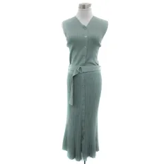 ジャスグリッティー JUSGLITTY リブニットシャツワンピース ロング丈 ノースリーブ Vネック 無地 ウエストベルト付き 2 ミントグリーン /YS11