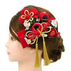 髪飾り リボン 卒業式 袴 成人式 つまみ細工 赤 振袖 前撮り 花 3点セット 白 黒 ゴールド ちりめん 玉飾り 組紐 房 和柄 かん No.9-5006