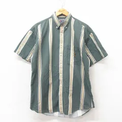 L/古着 ラルフローレン チャップス 半袖 ブランド シャツ メンズ 90s ワンポイントロゴ コットン ボタンダウン 緑 グリーン ストライプ 25j