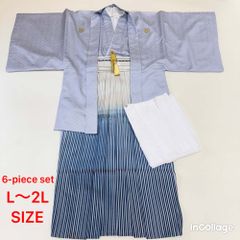 紋付袴 6点セット 着物 羽織 袴 長襦袢 羽織紐 角帯 裄70.7cm 袴丈90cm L〜2L グレー 五つ紋 中古 4495
