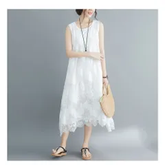 ☆ ホワイト ☆ XL ☆ マキシワンピース ノースリーブ レース きれいめ kdnp8920 マキシワンピース ノースリーブ ワンピース ワンピ ロング丈 ミモレ丈 Uネック ラウンドネック フレア 無地 シンプル きれいめ 上品 ゆったり カジュアル