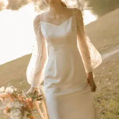 ウェディングドレス マーメイドライン ドレス オフショルダー 花嫁 結婚式 ウエディングドレス 長袖 パール シンプル 細身 フレンチライトウェディングドレス 0792