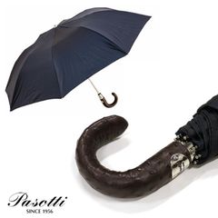 Pasotti 雨傘 折りたたみ傘 オーストリッチ レザー ブラウン ネイビー 千鳥格子 高級傘 ジャンプ傘 頑丈 大きめサイズ イタリア製 ハンドメイド オシャレ シンプル メンズ レディース ギフト プレゼント 紳士用 PS01