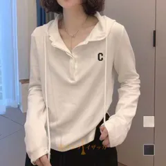 フード付き長袖パーカー パーカ Tシャツ フード付き フロントボタン カットソー 長袖 黒 白 レディース トップス Tシャツ ポロ風 フロントボタン ブラック ホワイト 英字 qiaoyige01