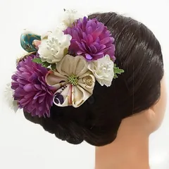 髪飾り 成人式 つまみ細工 振袖 前撮り 袴 浴衣 夏祭り 花火大会 2点セット 紫 白 房つき かんざし 和柄 ちりめん 古典 レトロ No.9-3950