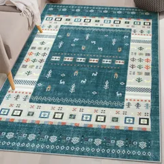 【売れ筋】【大バズり】【スピード発送】シェニール 一人暮らし ラグ ラグ 防音 オールシーズン適用 床保護 滑り止め 耐磨耗性 カーペット対応 民族 軽量 エスニック風 約1畳 ギャベ柄 ラグマット 洗える ピーコックブルー 90х150cm HAOCOO