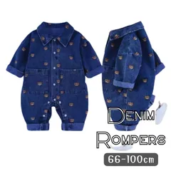 送料無料 やわらか素材 くま柄 ロンパース デニム つなぎ 韓国子供服 おしゃれ 乳幼児 キッズ ベビー服 60cm 70cm 80cm 90cm 100cm