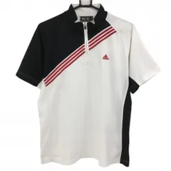 【超美品】アディダス 半袖ハイネックシャツ 白×黒 ロゴ赤 ハーフジップ 斜め3ライン メンズ O/XG ゴルフウェア adidas