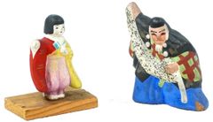 日本のアンティーク　昭和初期　射的人形　屋台景品　当時物土人形　２体セット