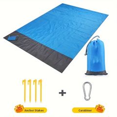 軽量防水ビーチマット　200x210cm/ブルー　210Tポリエステルビーチマット防水　防砂　防湿　簡単にクリーンアップ　洗濯機で洗えます（1ビーチマット　4固定ステーク　1カラビナ　1小包装）