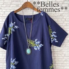 124Bネイビー★新品M～L★ナチュラル刺繍*Tシャツ感覚*プルオーバーブラウス*デイリーカジュアル*ガーデニング刺繍*ボタニカル