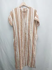 ◇ ⊂◎●未使用● ocean pacific ストライプ柄 半袖 ロング ワンピース サイズM ブラウン ホワイト レディース E  【1412260033480】