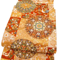 袋帯 ふくろ帯 京都 西陣 京藝 1893 織舎壱條路 正絹 新品 未使用 未仕立て フォーマル 礼装用 金  橙色 花更紗 花鳥 結婚式 パーティー 七五三 お宮参り お茶会 入学式 着物 訪問着 付下げ 袷 単衣 送料無料 袋帯 g527