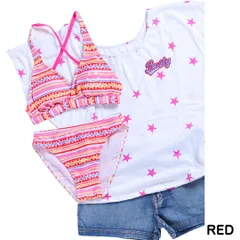 Tシャツ&デニムパンツ付スイムウェア 4点セット水着　女の子　RUSTY(ラスティ) 【品番】967-805  RED　ジュニアガール　海水浴