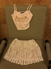 セットアップ セット ベージュ ノースリーブ クロシェ ミニ スカート 夏 リゾート 東南アジア 水着車