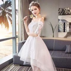 ウェディングドレス オフショルダー 前短後長ドレス Aライン ミニ丈 ショート丈 結婚式ドレス 花嫁 ホワイトドレス 20代 30代