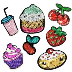 WATASHINO ワッペン アイロン アップリケ 女の子 スパンコール 大人 キラキラ 果物 フルーツ スイーツ 7枚セット [スイーツ]