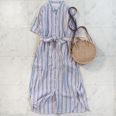 極美品【ANAYIアナイ】リネンシャツワンピース 38 ストライプ柄 半袖 リネン混