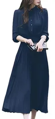 [Four leaf] 上品 プリーツ ロング ワンピース レディース 長袖 春 秋 きれいめ ハイウエスト ドレス ロングワンピ フォーマル セミフォーマル リボン ロング丈 春物 大きいサイズ (M, 紺) [ネイビー] [M]