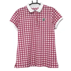 ★特価★【超美品】ジャックバニー 半袖ポロシャツ ピンク×白 チェック柄 ロゴワッペン レディース 2(L) ゴルフウェア Jack Bunny