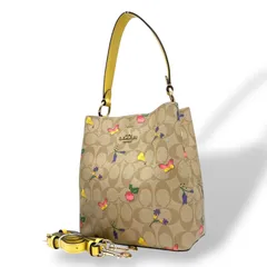 現行 極美品 COACH コーチ ショルダーバッグ ハンドバッグ シグネチャー 花柄 フラワー バケットバッグ 2WAY ベージュ×イエロー 黄色 S90