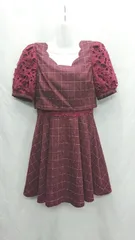 ◇ ⊂ ROJITA ロジータ チェック柄 バックリボン 半袖 ミニ ワンピース サイズF ボルドー系 レディース E  【1410290037065】