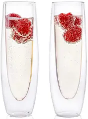 morning place ダブルウォール グラス シャンパン ロング カクテル 二重構造 耐熱 カップ(2個セット,  高さ：16.3cm 口径：4.8cm 底座：3.8cm)