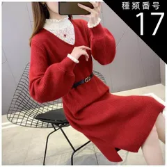 種類17：ブルー/M ニットワンピース ドッキングワンピ 上品ワンピ フェイクレイヤードワンピ ワンピース ブラウス ニット 膝丈 ひざ丈 膝上 袖あり 長袖 ボリューム袖 Vネック ハイネック フリルネック フレア ドッキング フェイクレイヤード ツーピース