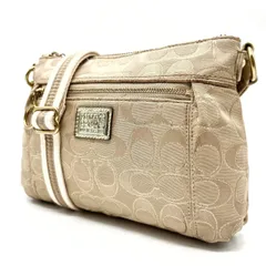 ✨良品✨ COACH コーチ ショルダーバッグ トートバッグ ポピー ボーダー柄 シグネチャー 総柄 肩掛け 斜め掛け キャンバス レディース ベージュ 肌色 ゴールド金色