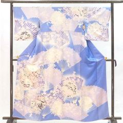 訪問着 身丈162cm 裄69cm 前幅25cm 後幅30cm 袖丈49cm 袖幅36cm レディース 袷 扇面 裄長 裄L-LLサイズ 秋冬春用 正絹（シルク）ブルー やや難 リメイク リユース リサイクル【呉服のきくや】