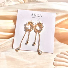 18kgp◆Shell hoop chain earring シェル　フープイヤリング　チェーン　ヒトデ　樹脂イヤリング　貝殻　マリン　樹脂ピアス　金属アレルギー　パール　ジルコニア　大人可愛い