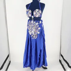 【ベリーダンス用 オリエンタル衣装】ブルー ラインストーン 多数 青 シルバー 花柄 ラメ 煌びやか 豪華 爽やか お洒落 綺麗 伸縮性無し ウエストゴム仕様 スリット アクセサリーセット 豪華感 大人用 パーティー衣装 女性用 ダンス衣装
