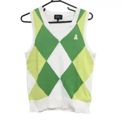 【超美品】パーリーゲイツ ニットベスト 白×グリーン 前面ダイヤ柄 コットン100％ レディース 2(M) ゴルフウェア PEARLY GATES