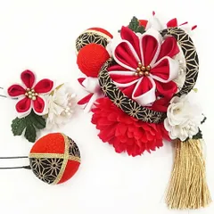 髪飾り 成人式 つまみ細工 赤 振袖 前撮り 袴 花 3点セット リボン 玉飾り 房つき かんざし 和柄 ちりめん 古典 レトロ ヘッド No.9-3910