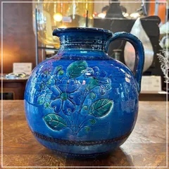 陶器製 花瓶 水差し型 壺 高さ26cm 青 ブルー イタリア製 花柄 植物柄 フラワーベース 花器 瑠璃色 オシャレ 艶あり 人気【CA0123-4】