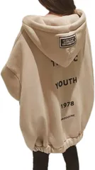 Dep Club トレンドゆる感 ジップパーカー レディース 裏起毛 オーバーサイズ アウター ビッグシルエット トップス おしゃれ ゆったり 上着 b系 厚手 長袖 韓国 秋冬(クリーム,  L)