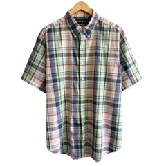 Ralph Lauren ラルフローレン CLASSIC FIT ボタンダウンシャツ コットンシャツ チェック柄 半袖シャツ ワンポイントロゴ 刺繍 黄緑×ピンク×紺×白 XLサイズ No.Y404