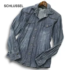 SCHLUSSEL シュリセル 通年 ダメージ＆シワ加工★ 襟ワイヤー 長袖 ウエスタン デニム シャツ Sz.2 メンズのサムネイル