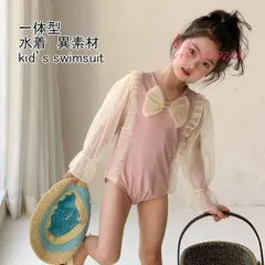 水着 キッズ ラッシュガード オールインワン 異素材 レース袖 日焼け対策 蝶結び 夏用 可愛い 女の子 フリル 透け感 快適 アウトドア  vii3x959246