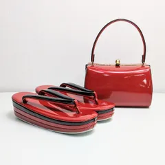 和装 草履 バッグ セット エナメル 赤 黒 レッド フリーサイズ/LLサイズ w56-3