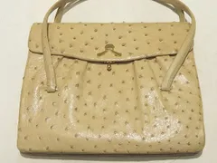 オーストリッチ レザー ハンドバッグ ◆ ベージュ系 フルポイント トートバッグ 和装 小物 ゴールド金具 駝鳥 ダチョウ ▼7C