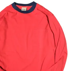 デッドストック 90's USA製 LLビーン コットン ポケット Tシャツ 長袖 (M) 赤×紺 シングルステッチ ポケT 無地 ロンT アメリカ製 L.L.Bean アメリカ古着 USED ビンテージ ヴィンテージ