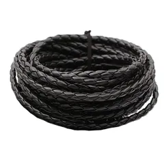 新品　編みタイプ 革チョーカー 革紐 丸紐 ハンドメイド ひも 手作り レザー 手芸 5m フェリモア (ブラック)