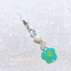 韓国 フラワービーズストラップ／グリーン(NO.397)