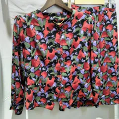 ①【美品】日本製 REGENCE レジァンス  薄手ジャケット スカート スーツ セットアップ 11号 カラフル 花柄 ブラック 黒 レディース 羽織 婦人服 古着 昭和 レトロ ビンテージ アンティーク  秋服 春服