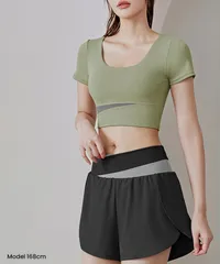 【タグ付新品未使用】[jyttop002グリーン] カップ付半袖トップ タンクトップ インナー ヨガブラ スポブラ ナイトブラ トップス ルームウェア フィットネス