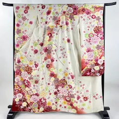 振袖 身丈164.5cm 裄丈67cm M 袷 牡丹 桜 刺繍 銀通し クリーム 正絹 逸品 【中古】